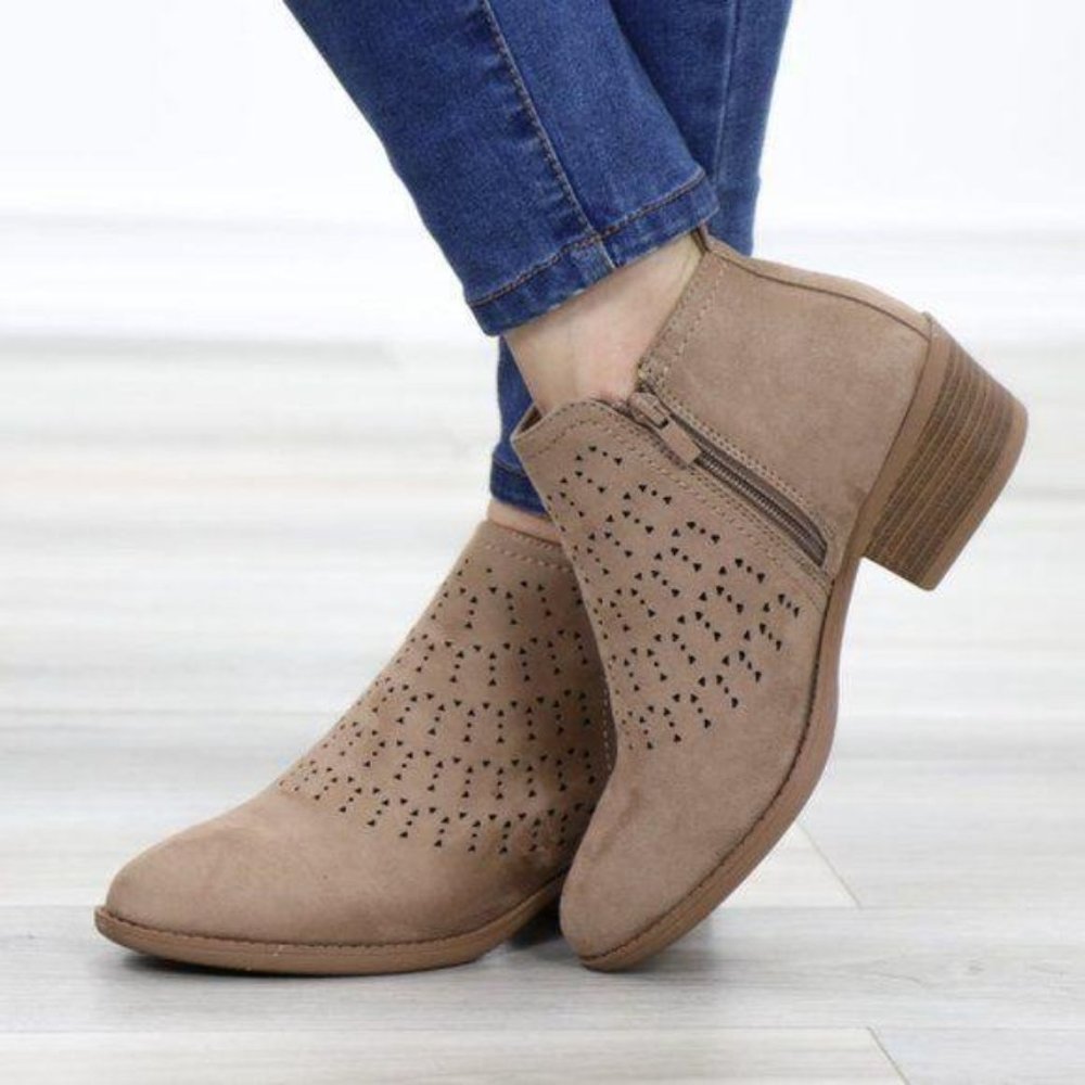 Taupe Suede Ankle Boots Laser Cut Design - Picture 9 of 11